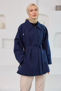 Yanları Açılabilir Çıt Çıt Detaylı Kısa Trenç Lacivert