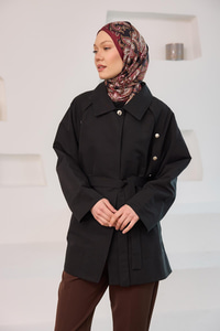 Yanları Açılabilir Çıt Çıt Detaylı Kısa Trenç Siyah