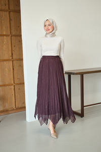 Yanları Bağcık Detay Simli Şifon Etek Mürdüm