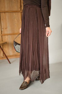 Yanları Bağcık Detay Simli Şifon Etek Kahverengi