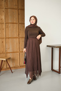 Yanları Bağcık Detay Simli Şifon Etek Kahverengi