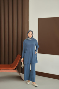 Yanları Cepli Takım İndigo Mavi