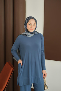 Yanları Cepli Takım İndigo Mavi