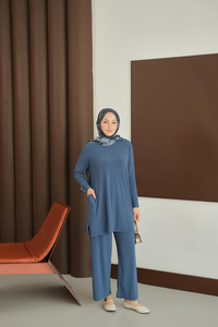 Yanları Cepli Takım İndigo Mavi