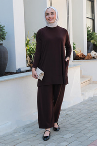 Yanları Cepli Takım Kahverengi