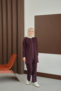 Yanları Çıtçıt Detay Fermuarlı Takım Mürdüm