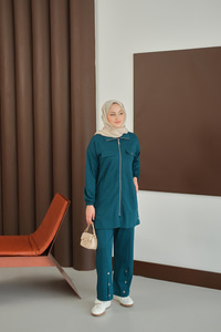 Yanları Çıtçıt Detay Fermuarlı Takım Petrol Mavi