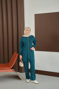 Yanları Çıtçıt Detay Fermuarlı Takım Petrol Mavi