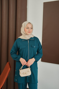 Yanları Çıtçıt Detay Fermuarlı Takım Petrol Mavi