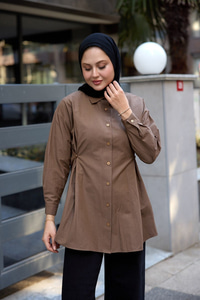 Yanları Düğme Detaylı Gömlek Kahverengi