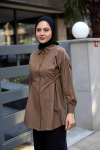 Yanları Düğme Detaylı Gömlek Kahverengi
