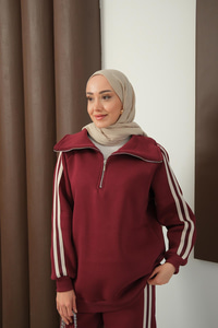 Yanları Şerit Detay Takım Bordo