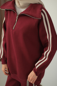 Yanları Şerit Detay Takım Bordo