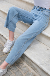 Yanları Taşlı Bol Paça Pantolon Mavi