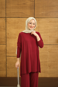 Yanları Yırtmaç Detay İkili Takım Bordo