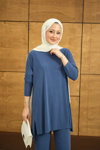 Yanları Yırtmaç Detay İkili Takım İndigo Mavi