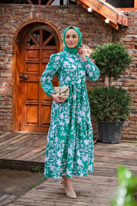 YAPRAK DESEN BEL BAGLAMALI ELBISE YESIL