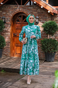 YAPRAK DESEN BEL BAGLAMALI ELBISE YESIL