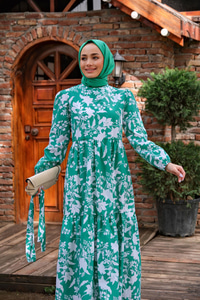YAPRAK DESEN BEL BAGLAMALI ELBISE YESIL