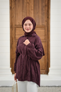 Yaprak Desen Bel Bağlamalı Gömlek Bordo