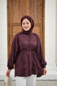 Yaprak Desen Bel Bağlamalı Gömlek Bordo