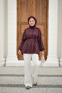 Yaprak Desen Bel Bağlamalı Gömlek Bordo