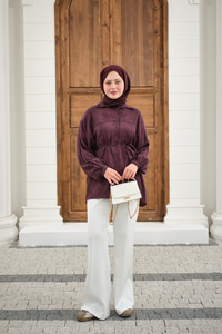 Yaprak Desen Bel Bağlamalı Gömlek Bordo