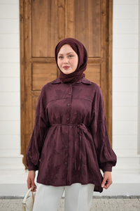 Yaprak Desen Bel Bağlamalı Gömlek Bordo
