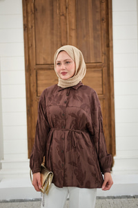 Yaprak Desen Bel Bağlamalı Gömlek Kahverengi