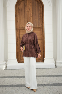 Yaprak Desen Bel Bağlamalı Gömlek Kahverengi