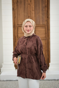 Yaprak Desen Bel Bağlamalı Gömlek Kahverengi