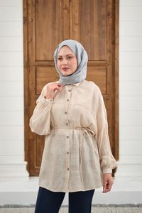 Yaprak Desen Bel Bağlamalı Gömlek Krem