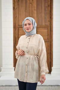 Yaprak Desen Bel Bağlamalı Gömlek Krem