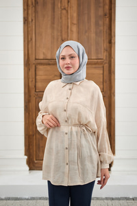 Yaprak Desen Bel Bağlamalı Gömlek Krem