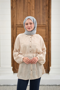 Yaprak Desen Bel Bağlamalı Gömlek Krem