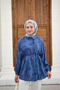 Yaprak Desen Bel Bağlamalı Gömlek Lacivert