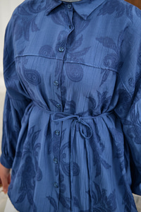 Yaprak Desen Bel Bağlamalı Gömlek Lacivert