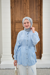 Yaprak Desen Bel Bağlamalı Gömlek Mavi