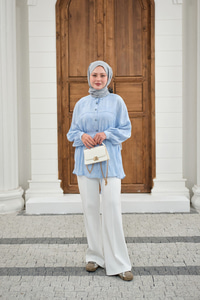 Yaprak Desen Bel Bağlamalı Gömlek Mavi