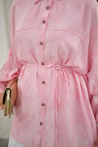 Yaprak Desen Bel Bağlamalı Gömlek Pembe