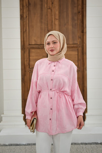 Yaprak Desen Bel Bağlamalı Gömlek Pembe