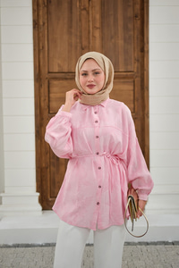 Yaprak Desen Bel Bağlamalı Gömlek Pembe
