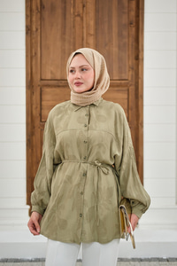 Yaprak Desen Bel Bağlamalı Gömlek Yeşil