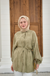 Yaprak Desen Bel Bağlamalı Gömlek Yeşil