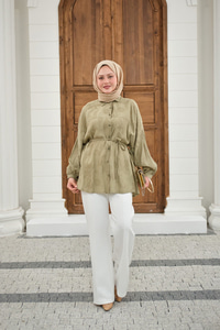 Yaprak Desen Bel Bağlamalı Gömlek Yeşil