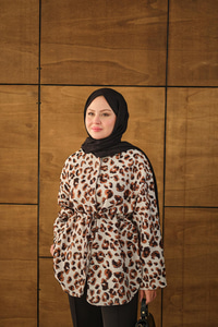 Yaprak Desen Beli Lastikli Ceket Ekru