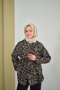 Yaprak Desen Beli Lastikli Ceket Füme