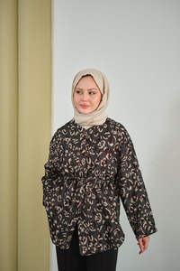 Yaprak Desen Beli Lastikli Ceket Füme