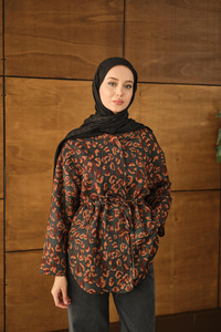 Yaprak Desen Beli Lastikli Ceket Kahverengi