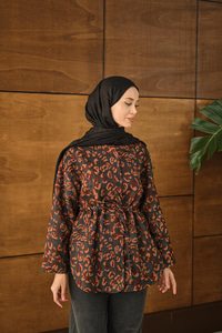 Yaprak Desen Beli Lastikli Ceket Kahverengi